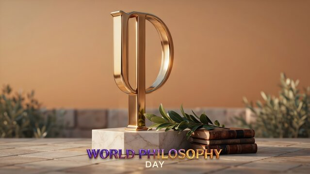 World philosophy day with golden phi symbol olive branch and antique