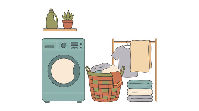 Cozy home laundry room interior vector illustration, modern washing machine with clothes basket, minimalist laundry care flat vector art