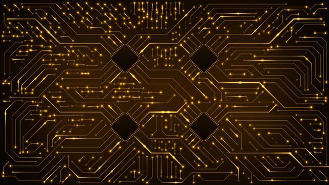 Quad Core Processor Cluster Flowing Golden Amber Data Pulses Through Circuit Traces 4K Seamless Loop Motion Background