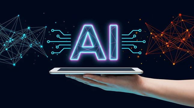 Light skinned hand holding tablet with glowing ai text and network nodes