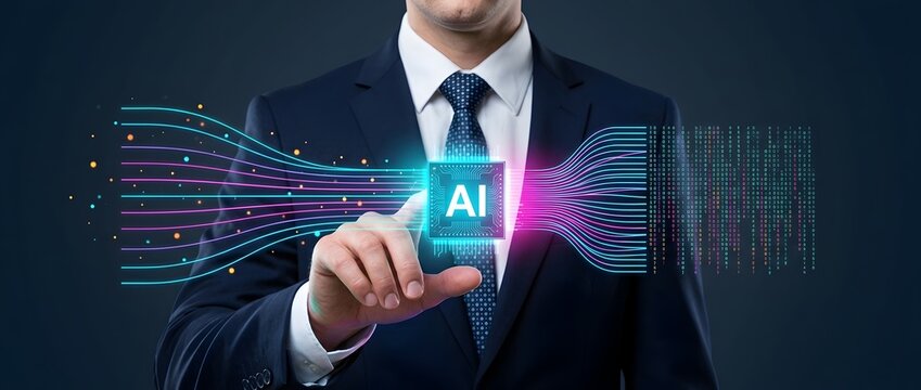 Businessman touching a glowing ai chip with digital data streams and binary code