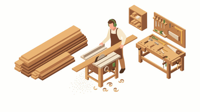 Isometric woodworking workshop with carpenter using table saw, wooden planks and tools on wall