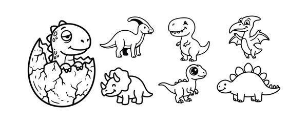 Cute cartoon dinosaurs collection hatching from egg and standing. © h4kunA