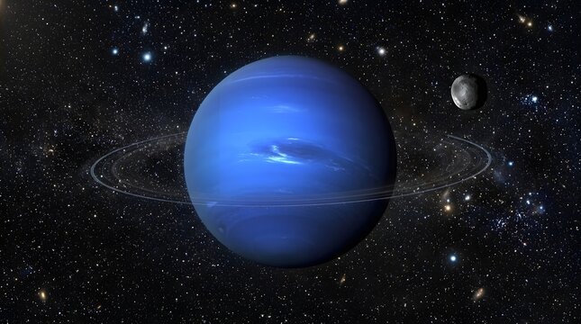 Neptune planet with faint rings and moon in deep space