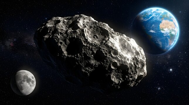 Large asteroid passing between earth and the moon in deep space