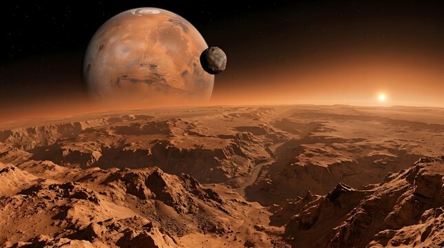 Mars and its moon Phobos above a rocky Martian landscape at sunset