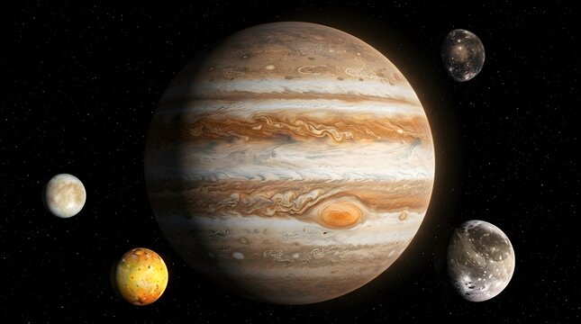 Jupiter with its four Galilean moons in deep space
