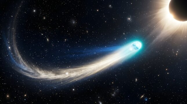 Bright icy comet with glowing tail approaching a solar eclipse in deep space