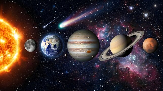 Panoramic solar system view with blazing sun, planets, and comet