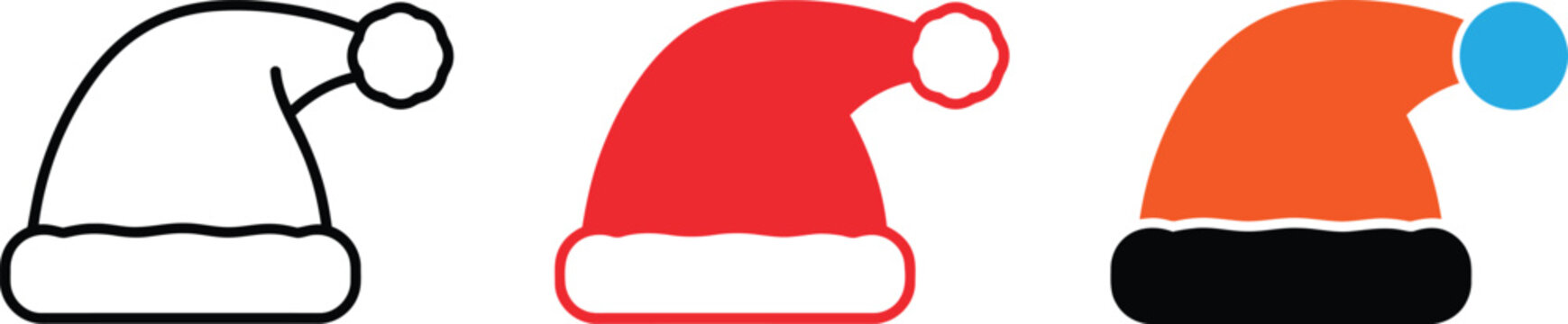 Christmas santa claus hat variations in outline and color with holiday line art collection clothing accessory celebration