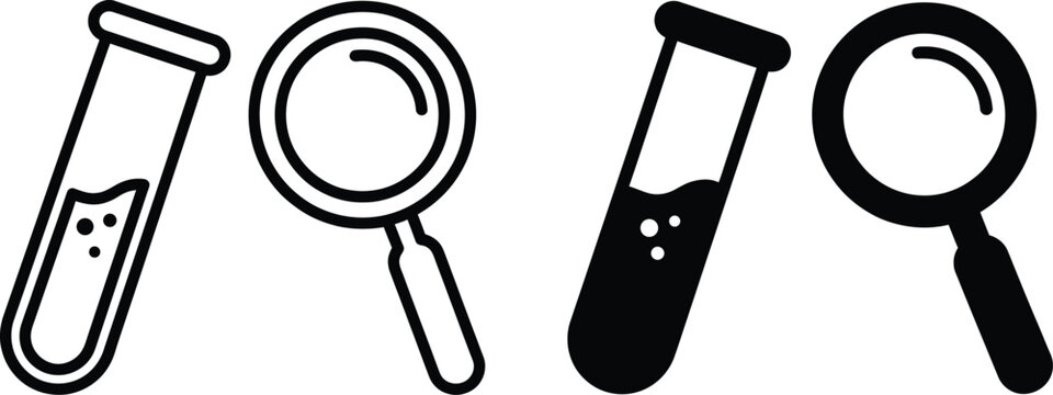 Laboratory test tube and magnifying glass icons set with equipment science instrument research tool chemistry apparatus icon