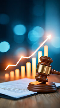 A judge's gavel rests on a legal document with a glowing bar chart and upward arrow symbolizing growth and progress in law or justice.