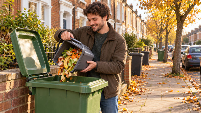 Happy man emptying kitchen caddy of food scraps into curbside green waste bin