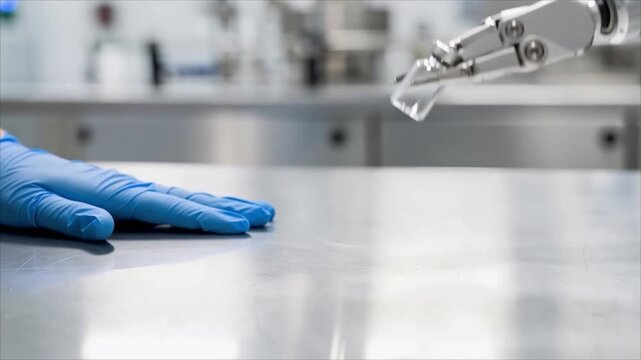 Robotic arm transfers a small glass vial from a gloved hand in a laboratory. Human and robot collaboration. Automation, robotics and precision technology. Scientific research.