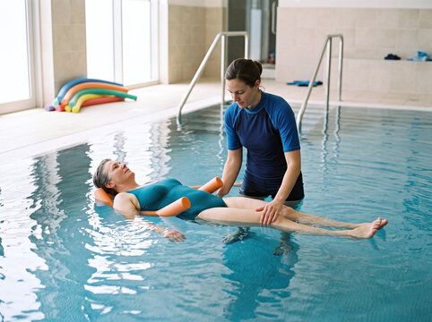 Physiotherapist helping mature woman during hydrotherapy in indoor swimming pool
