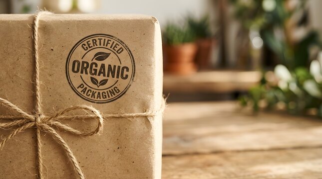 Brown paper package tied with twine and organic stamp on wooden table