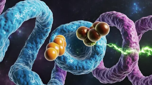 Molecular chain twists through space as bright reactions spark along DNA strands. Colored atoms gather in ringlike openings, suggesting gene activity and biochemical motion within genetic structure.
