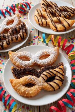 Italian carnival pastries shaped like masks on white plates. Chiacchere sweets with powdered sugar, dark chocolate drizzle. Colorful confetti, paper streamers on wooden table. Traditional festive