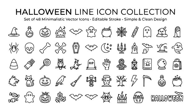 Halloween line icon collection with witch hat, pumpkin, ghost, skull, bat, spider web, candy, coffin, cauldron, and haunted symbols in editable stroke vector style