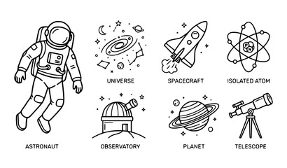 Space and astronomy line icons set with astronaut, spacecraft, planet, telescope, observatory, universe, and isolated atom in minimalistic outline vector style © MdRimon