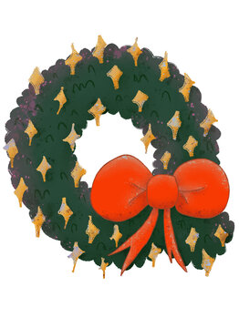 Christmas wreath-themed 'Q' Uppercase characters with decorative stars and a bow in a watercolor style.
