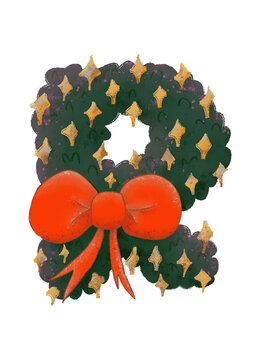 Christmas wreath-themed 'R' Uppercase characters with decorative stars and a bow in a watercolor style.