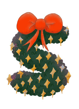 Christmas wreath-themed 'S' Uppercase characters with decorative stars and a bow in a watercolor style.