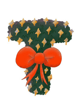 Christmas wreath-themed 'T' Uppercase characters with decorative stars and a bow in a watercolor style.