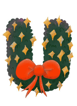 Christmas wreath-themed 'U' Uppercase characters with decorative stars and a bow in a watercolor style.
