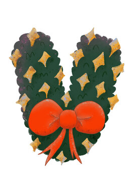 Christmas wreath-themed 'V' Uppercase characters with decorative stars and a bow in a watercolor style.