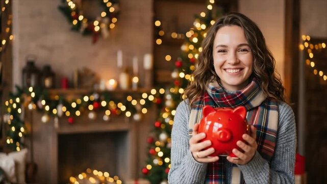 Smiling woman holding red piggy bank at home with Christmas decorations. Saving money and personal finance concept. Christmas savings, budgeting and holiday gift planning.