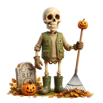 Skeleton Groundskeeper with Pumpkin Rake and Gravestone for Halloween