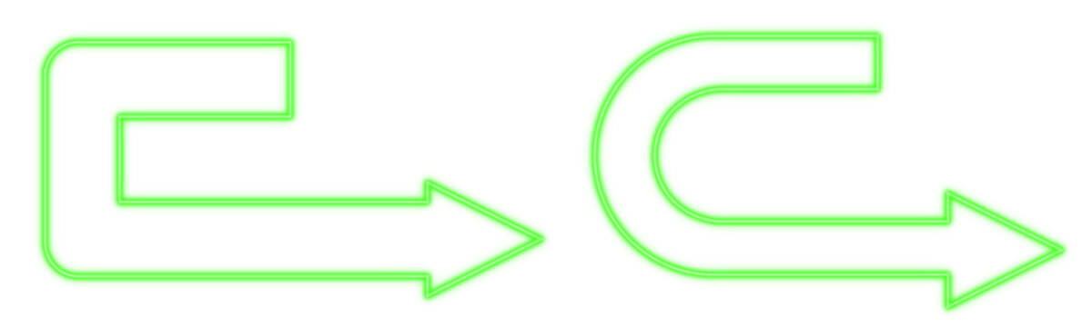 Green arrow corner curve turn right neon light set object set elements isolated on white background