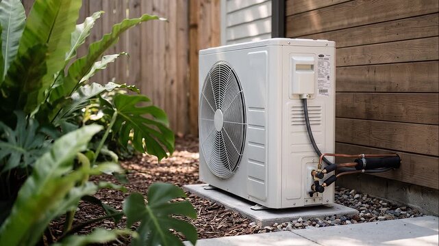 Outdoor Air Conditioning Unit Next to a Wooden Fence and Green Plants.