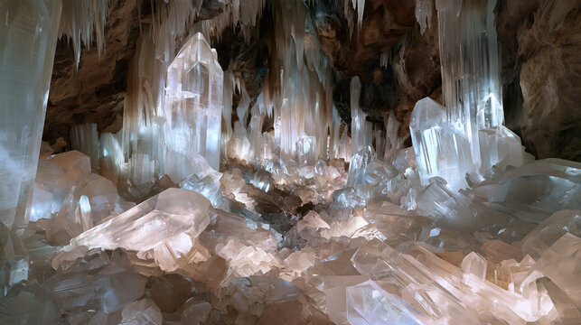 high-angle view from a cavern ledge overlooking an enormous chamber filled with giant natural crystals, intricate mineral geometry extending across the cave floor, professional geological documentary.