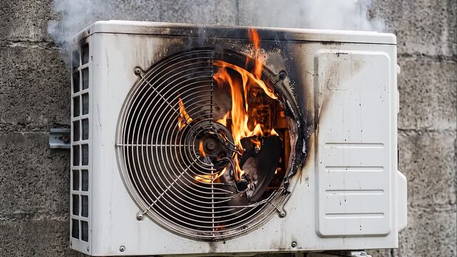 Air Conditioner Outdoor Unit on Fire with Flames and Smoke.
