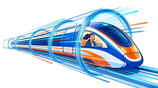Futuristic High Speed Vacuum Tube Train Pod Traveling Through a Transparent Tunnel with a Happy Female Passenger Using a Digital Tablet, Concept of Modern Innovative Green Transportation System