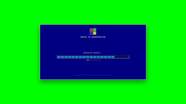 A nostalgic retro 1990s computer operating system startup screen animation featuring geometric system logo, segmented progress bar, system status mess.