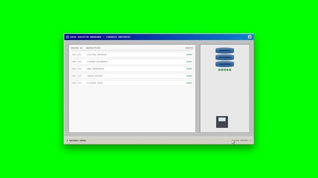 A vintage computer data archiving animation featuring classic database records, sequential data saving, archive verification, a retro floppy disk icon.