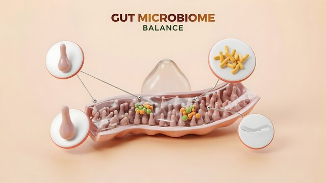 Gut microbiome balance with intestinal villi and probiotic bacteria