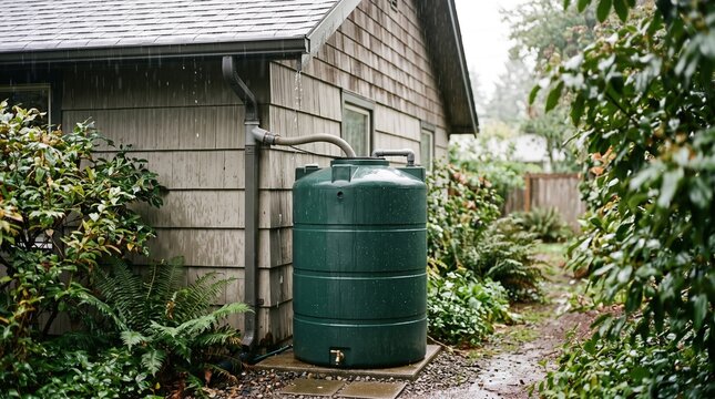 Rainwater Harvesting Downspout Filling Storage Tank: a rainwater harvesting downspout directing rain from a roof gutter into a storage tank, soft overcast light