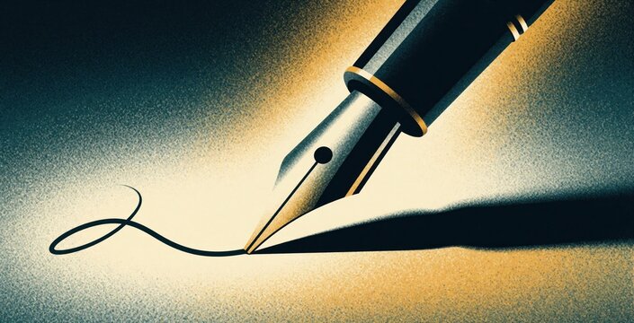 Elegant fountain pen writes smooth black ink line on textured paper. Close up of gold nib creating calligraphy art. Vintage writing instrument tool for creative script, pro signature, classic