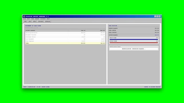 Classic 1990s Windows-style cash flow report interface featuring operating cash inflows, outflows, closing balance calculations, accounting ledger ind.