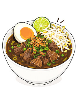 A colorful illustration of traditional Indonesian rawon, featuring tender beef chunks in a rich, dark broth. Topped with bean sprouts, chopped green onions, and crispy fried shallots