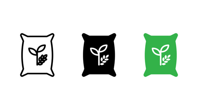 Set of fertilizer bag icons illustrating agriculture farming and plant growth