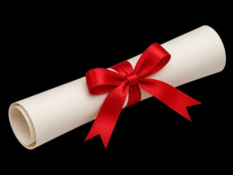 Elegant diploma scroll tied with luxurious red ribbon isolated on black background for graduation concepts and achievement awards