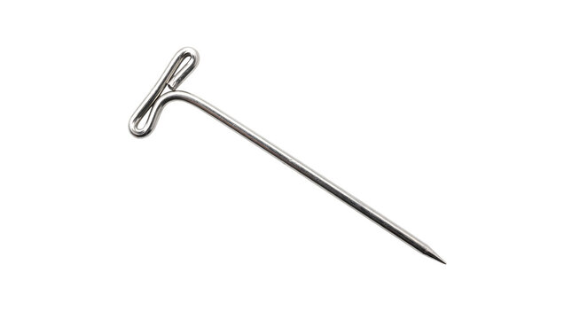 A single silver t-shaped straight pin with a looped head, isolated on a black background, showing metallic texture and a sharp pointed needle tip