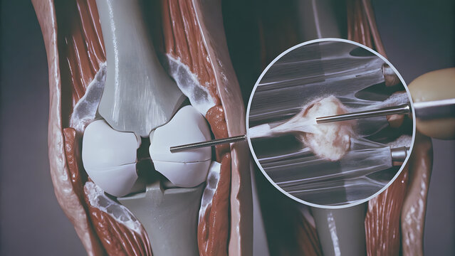 Medical model of human knee joint showing meniscus tear repair procedure with surgical instrument tool