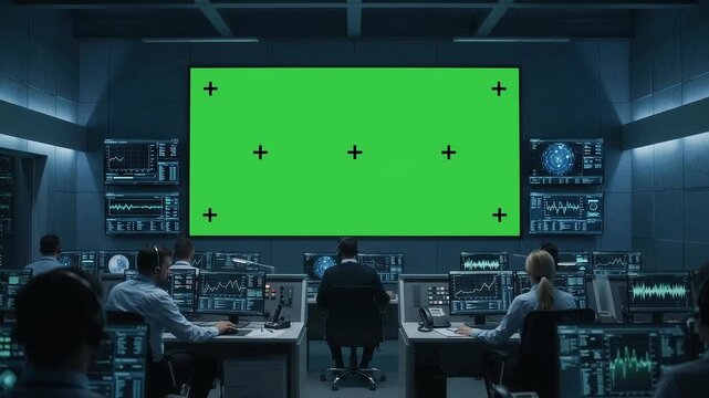 Big Green Screen Horizontal Mock Up in a Mission Control Center Room with Flight Director and Other Controllers Working on Computers. Team of Engineers Work in Monitoring Room Full of Displays.
