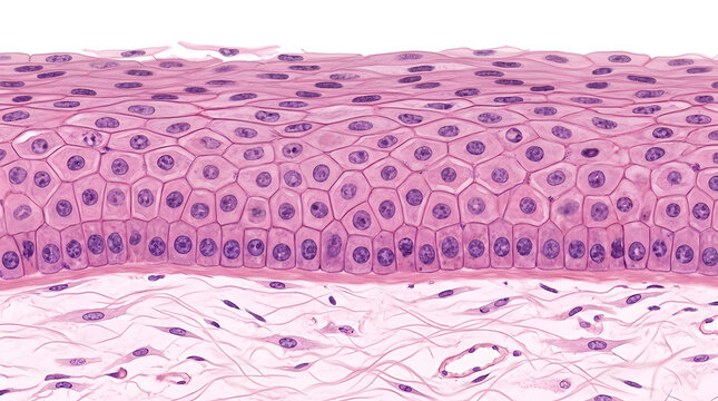 Microscopic view of stratified squamous epithelium tissue showing cell layers for medical education